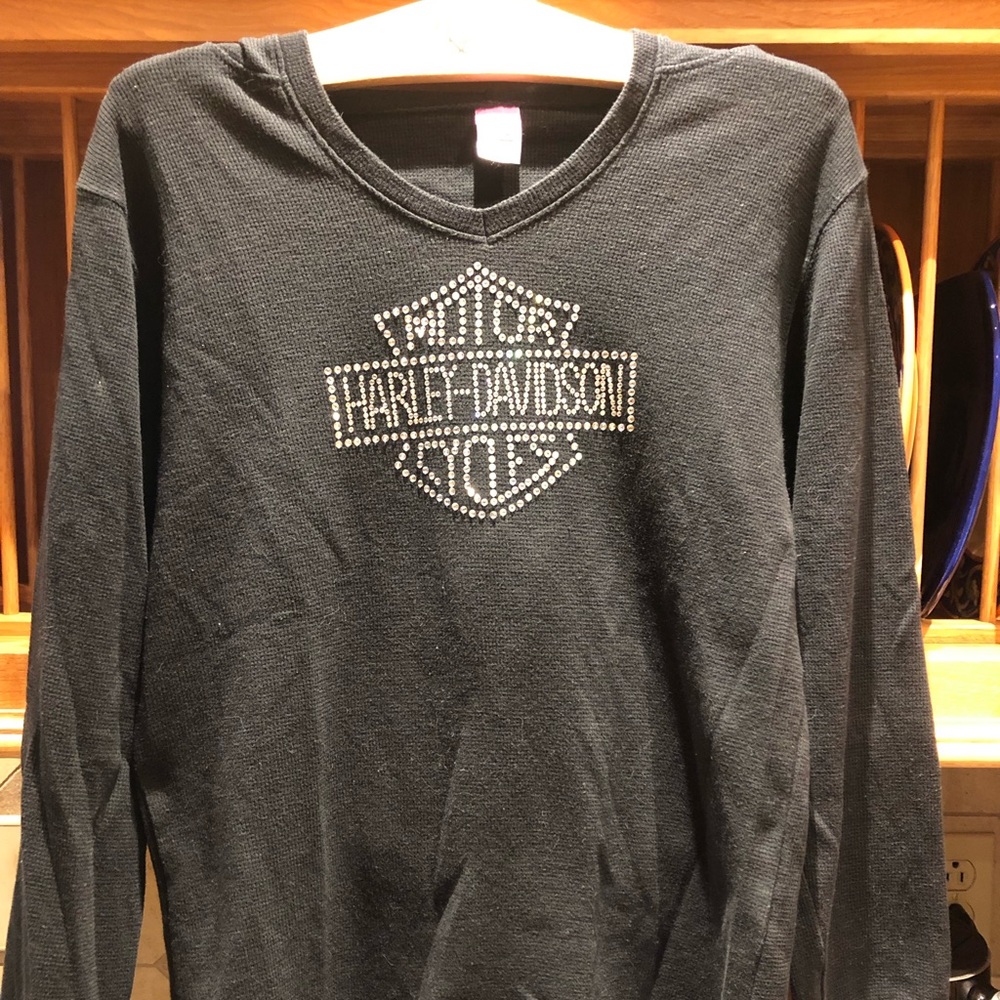 Women’s Harley Davidson T shirt hoodie with Rhinestone logo